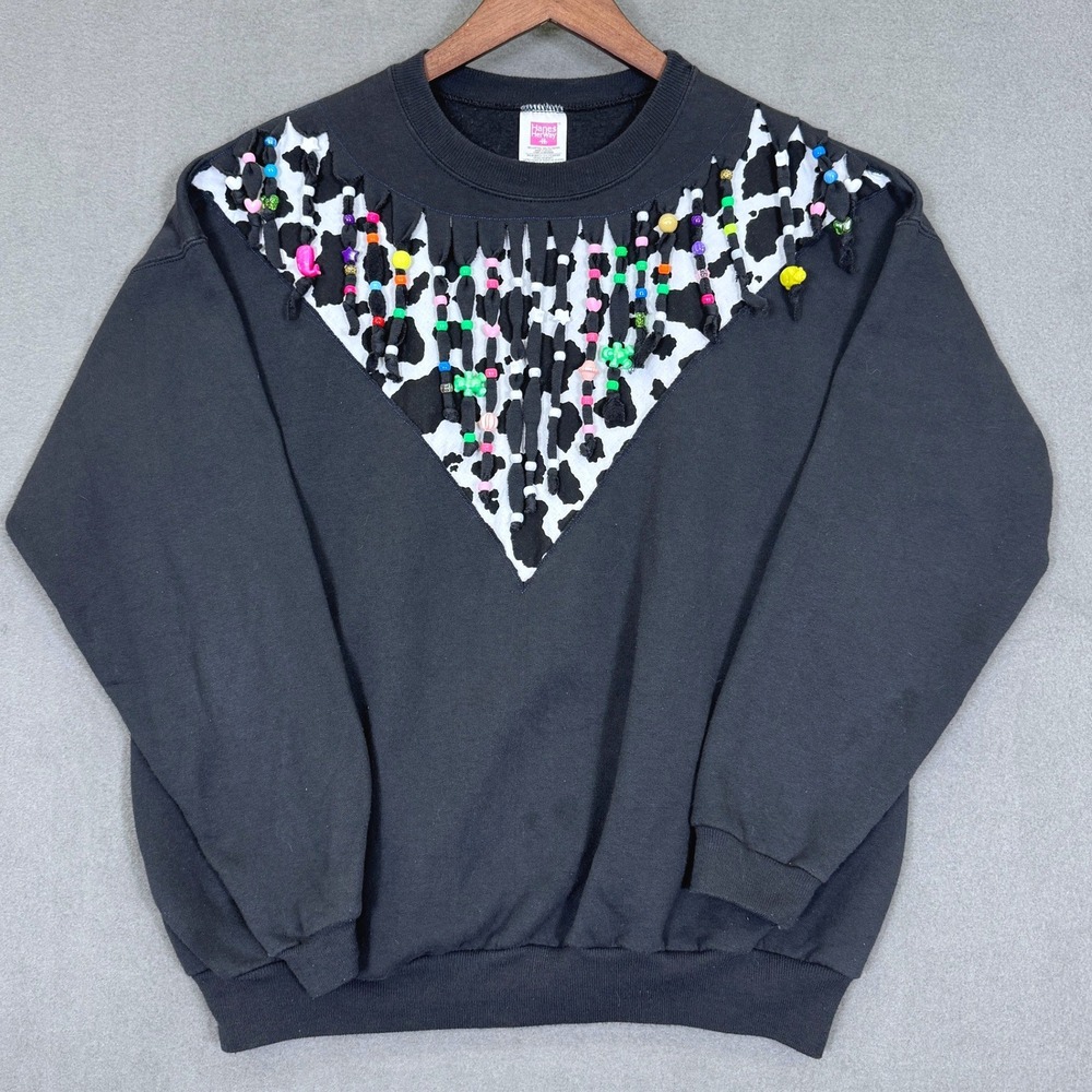 Vintage 80s Hanes Her Way Sweatshirt Women L Black Cow Beaded Fringe Western